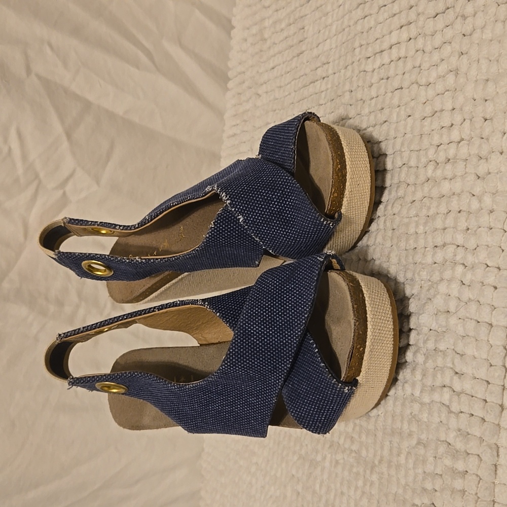 Splendid Blue Denim Khaki Canvas Slingblack Wedge Espadrille Sandals size 7